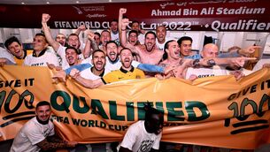 <p>Australia players celebrate their win over Peru following the 2022 FIFA World Cup Playoff match between Australia Socceroos and Peru in Doha, Qatar. Picture: Joe Allison/Getty Images</p>