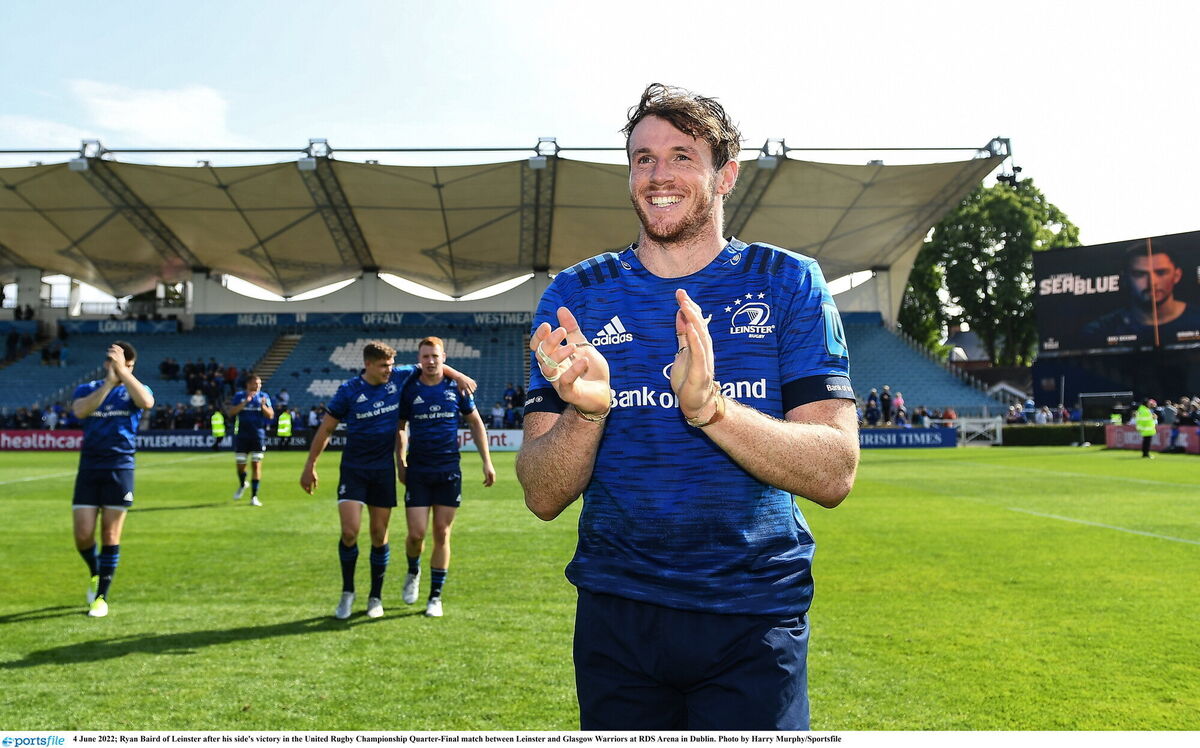Ryan Baird of Leinster after his side's victory in the United Rugby Championship Quarter-Final match between Leinster and Glasgow Warriors at RDS Arena in Dublin