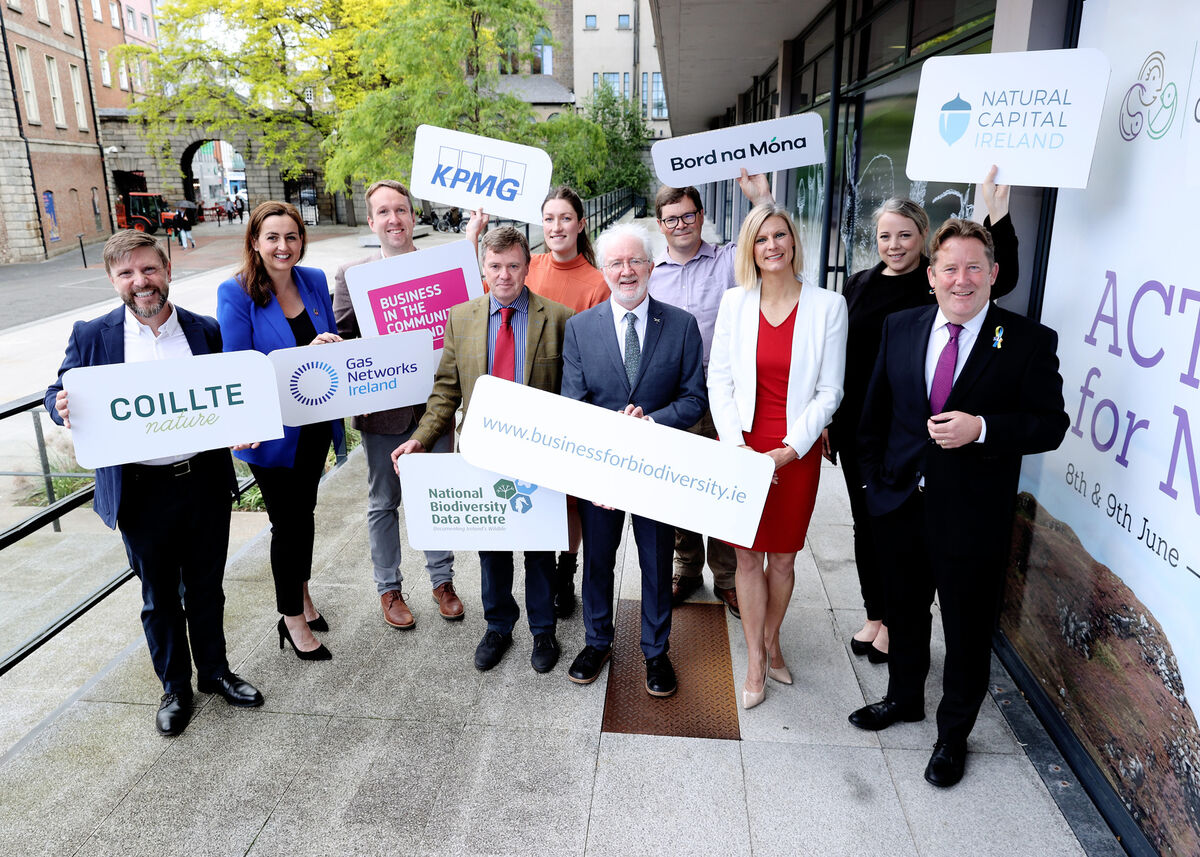 Minister of State for Heritage and Electoral Reform Malcolm Noonan TD, Minister for Housing, Local Government and Heritage; Darragh O’Brien TD and Minister of State for Land-Use and Biodiversity, Senator Pippa Hackett with Ciarán Fallon, director, Coillte Nature; Anne Moore, sustainability manager Gas Networks Ireland; Cillian McMahon, CSR advisor, BITCI; Orlaith Delargy, associate director of Sustainable Futures, KPMG; Liam Lysaght, centre director, National Biodiversity Data Centre; Dr Mark McCorry, ecology manager, Bord Na Mona; and Lucy Gaffney, development lead, Business For Biodiversity. Picture: Maxwells Dublin