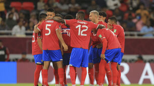 <p>Costa Rica's players celebrate after a goal during the World Cup 2022 qualifying play-off soccer match between New Zealand and Costa Rica in Al Rayyan, Qatar, Tuesday, June 14, 2022. (AP Photo/Hussein Sayed)</p>