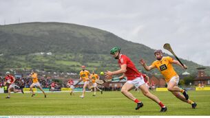 <p>SURGING: Cork's Séamus Harnedy burst clear against Antrim at Corrigan Park in Belfast. </p>