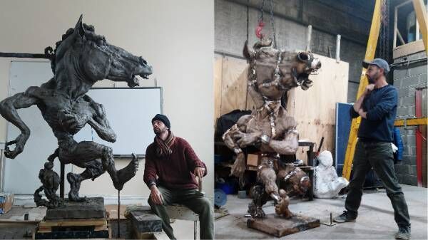 Aidan Harte with the clay version of his Púca, and a later stage of the artwork at the foundry. Aidan Harte with the clay version of his Púca, and a later stage of the artwork at the foundry.