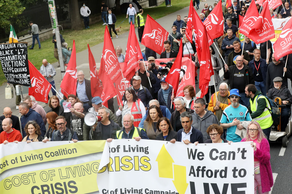 Sinn Féin president Mary Lou McDonald with the party's spokesperson on workers' rights Louise O'Reilly and protesters with placards during the cost of living protests on O'Connell Street, Dublin. Picture: Leah Farrell/RollingNews.ie Sinn Féin president Mary Lou McDonald with the party's spokesperson on workers' rights Louise O'Reilly and protesters with placards during the cost of living protests on O'Connell Street, Dublin. Picture: Leah Farrell/RollingNews.ie