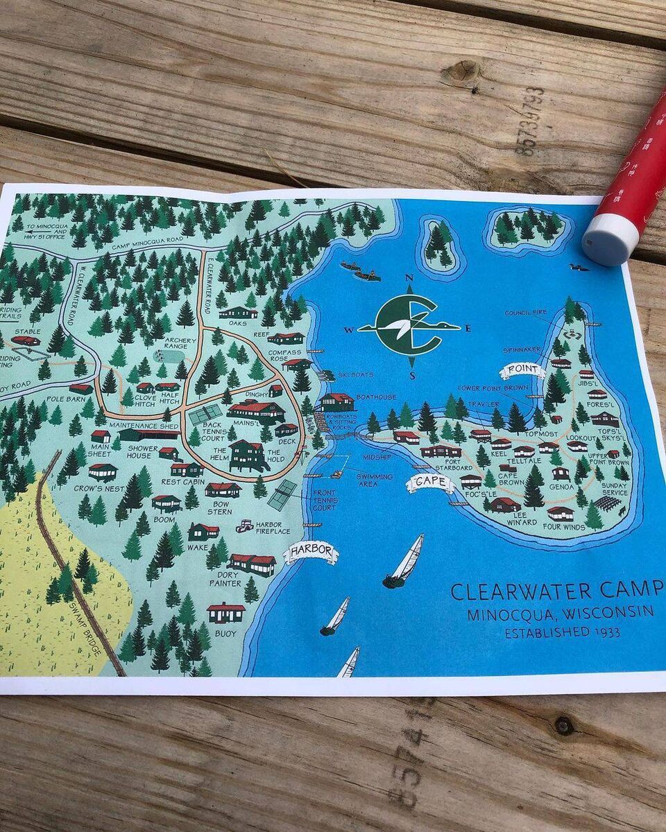 The map of Clearwater Camp, Minocqua, Wisconsin, where Fiona will be working this summer