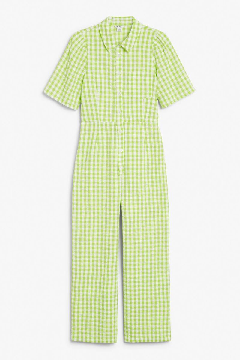 Gingham short sleeve seersucker jumpsuit, Monki, €40