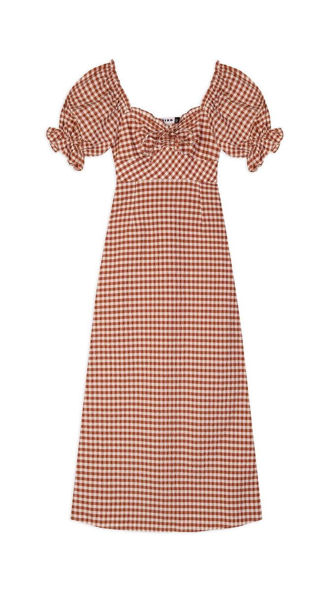 ‘Montenegro’ seersucker puff sleeve midi-dress, Rixo, €351