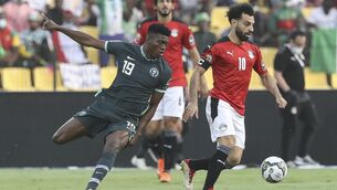 <p>DONE DEAL: Nigeria's Taiwo Awoniyi fights for the ball with Mo Salah during the African Cup of Nations Group D soccer match between Egypt and Nigeria in Garoua, Cameroon, Tuesday, Jan. 11, 2022. Pic: AP Photo/Footografiia</p>