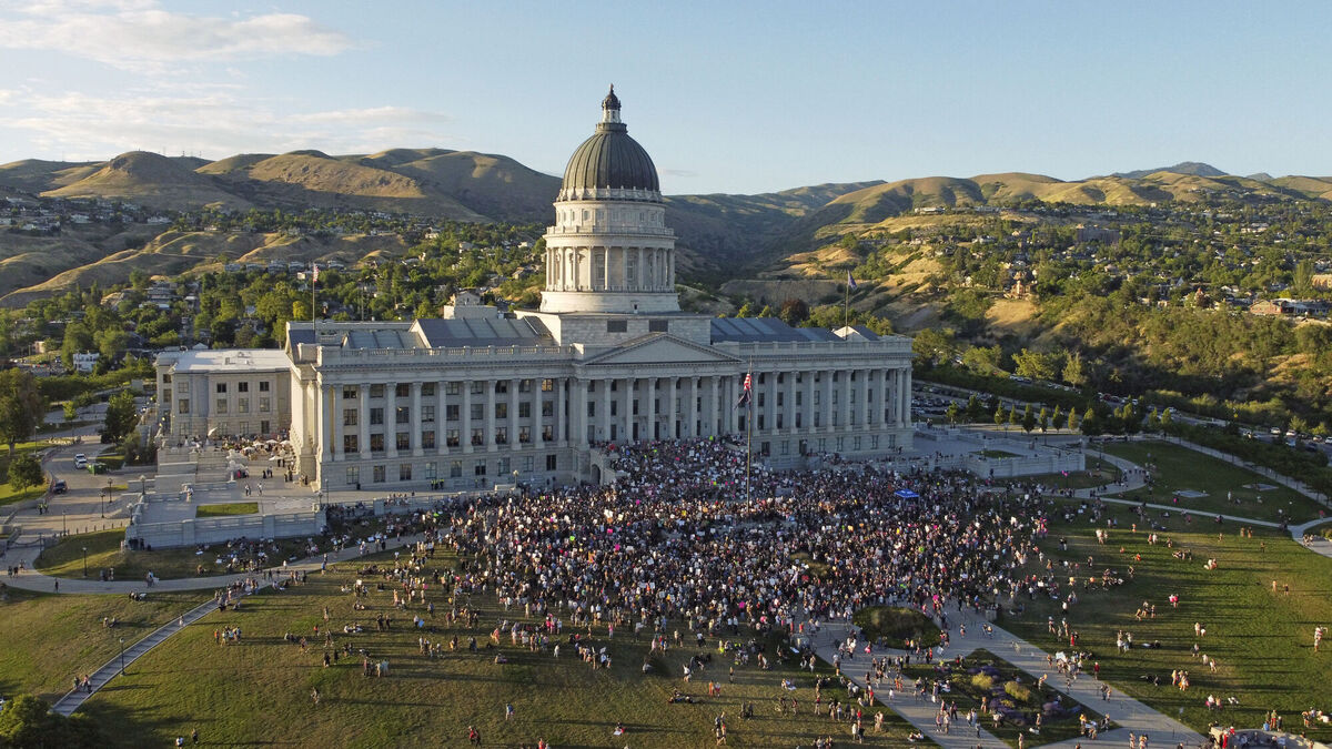 People attend an abortion-rights protest at the Utah State Capitol, Friday, June 24, 2022, in Salt Lake City. Picture: AP Photo/Rick Bowmer