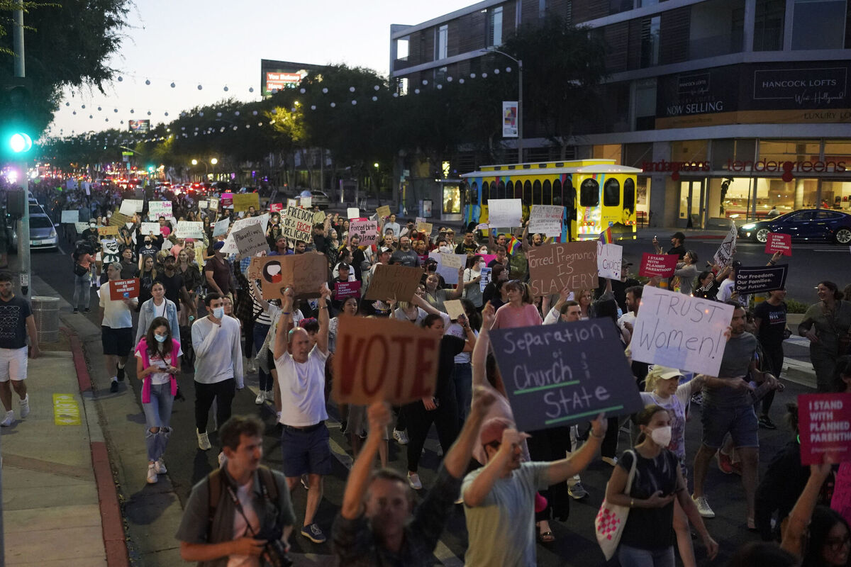 Supporters of abortion rights march along a street during a protest in West Hollywood, Calif., Friday, June 24, 2022. Picture: AP Photo/Jae C. Hong
