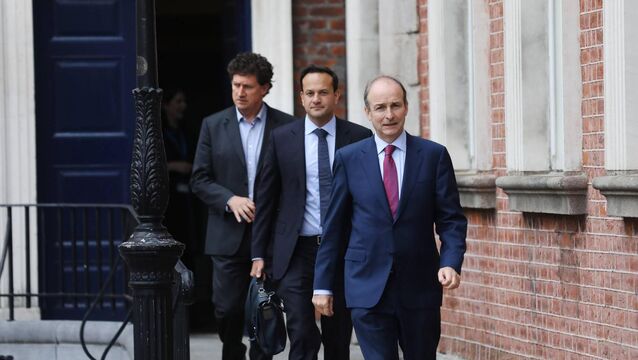 <p>Coalition party leaders Eamon Ryan, Leo Varadkar and Micheál Martin. Picture: Julien Behal</p>