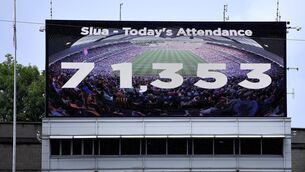 <p>NOT QUITE A SELL OUT: A general view of a big screen showing the attendance at the GAA Football All-Ireland Senior Championship Quarter-Final match between Kerry and Mayo at Croke Park, Dublin. Pic: Piaras Ó Mídheach/Sportsfile</p>