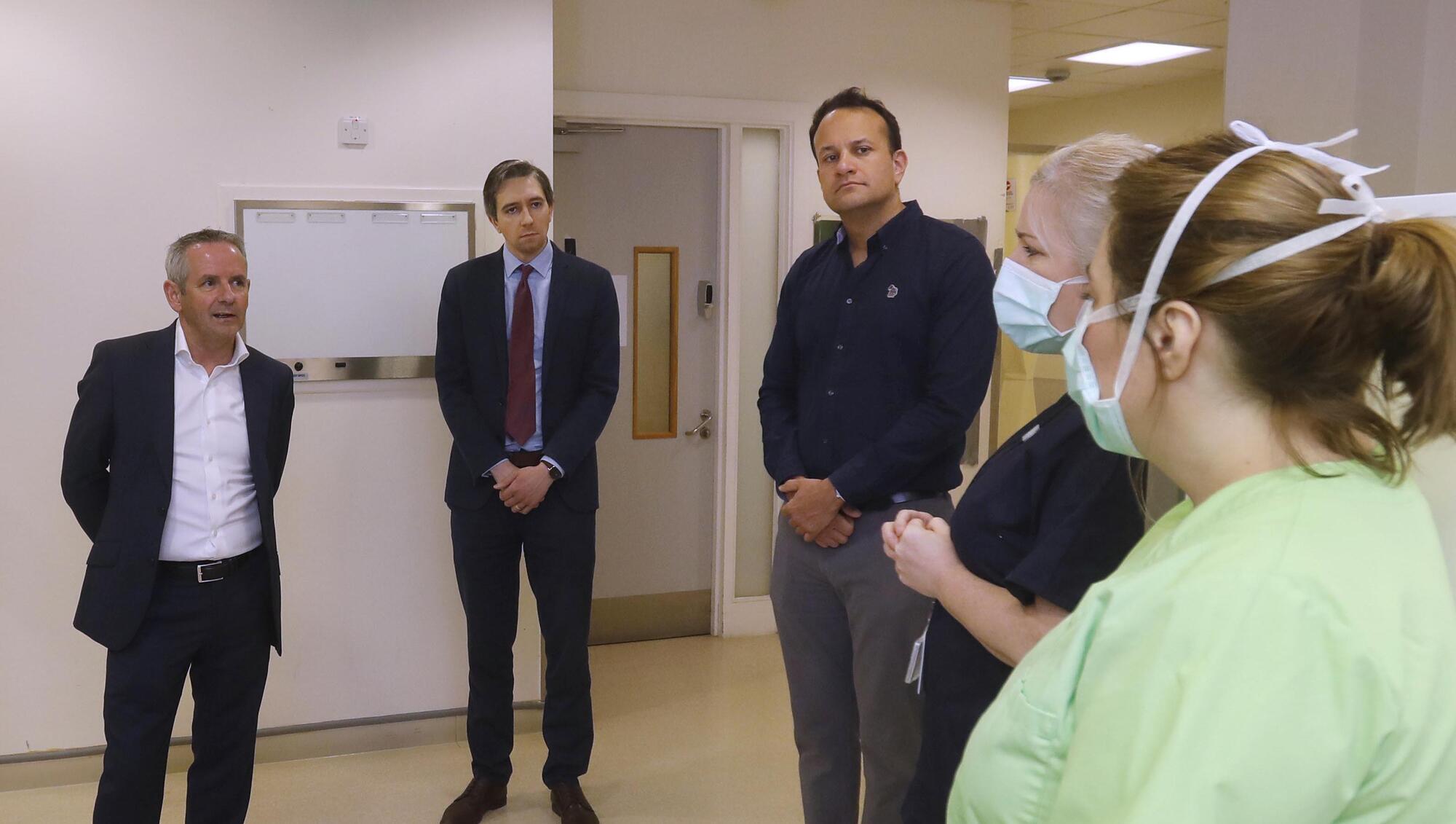 HSE CEO Paul Reid with then-health minister Simon Harris and taoiseach Leo Varadkar, visiting the Covid-19 Community Assessment Hub in DCU Collins Avenue in April 2020. File picture: Leon Farrell