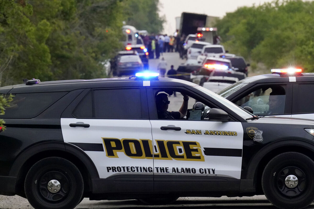 Police block the scene where a semitrailer with multiple dead bodies was discovered, Monday, June 27, 2022, in San Antonio. Picture: AP Photo/Eric Gay Police block the scene where a semitrailer with multiple dead bodies was discovered, Monday, June 27, 2022, in San Antonio. Picture: AP Photo/Eric Gay