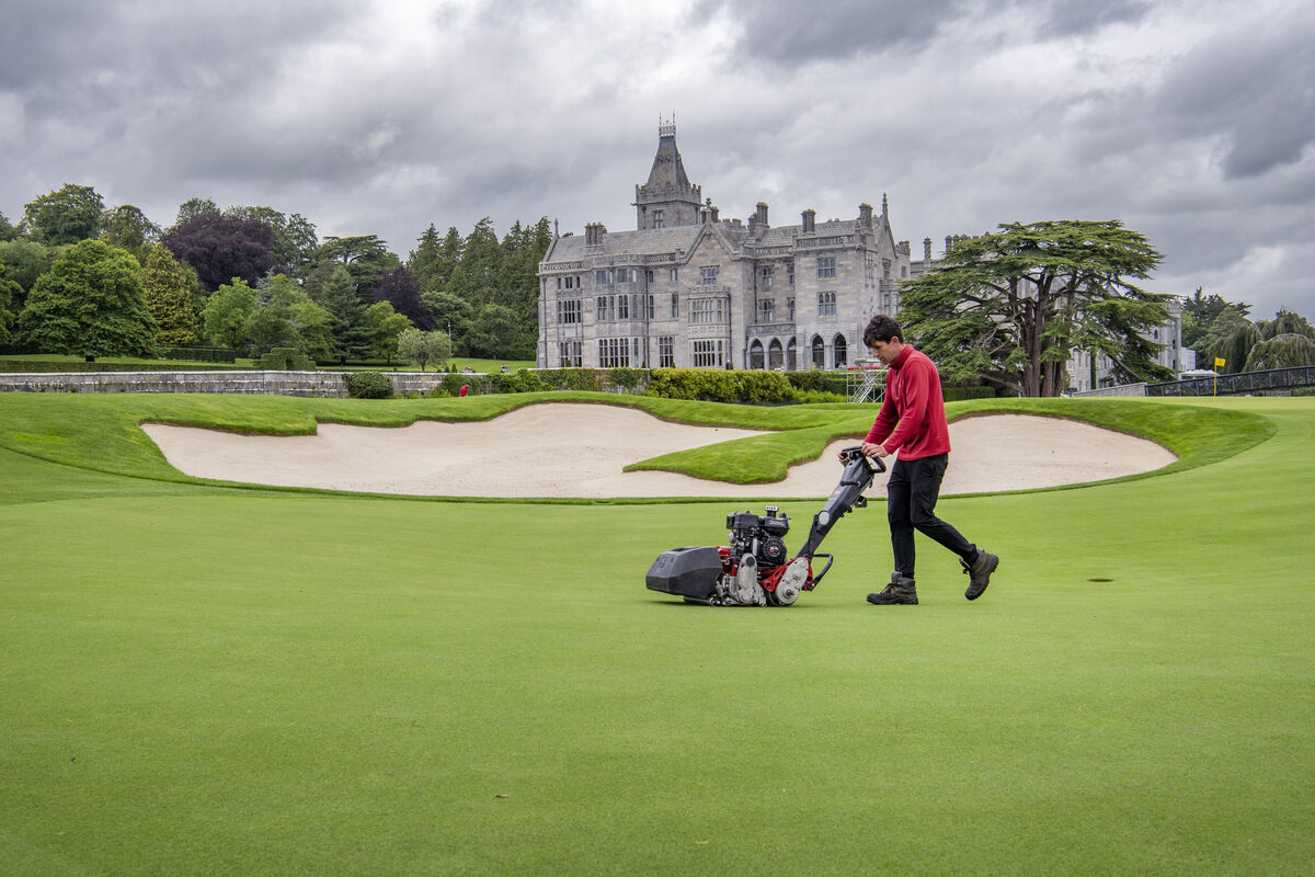  Green keeper Gene Gullinane cutting the grass in area in front of the 18th green at Adare Manor for next week's JP McManus Pro-Am. Picture Dan Linehan