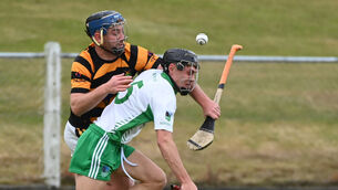 <p>Muskerry's Eoin Clifford is tackled by Avondhu's Davy Jones during the Cork county divisions/colleges semi final at Donoughmore. Picture; Eddie O'Hare</p>