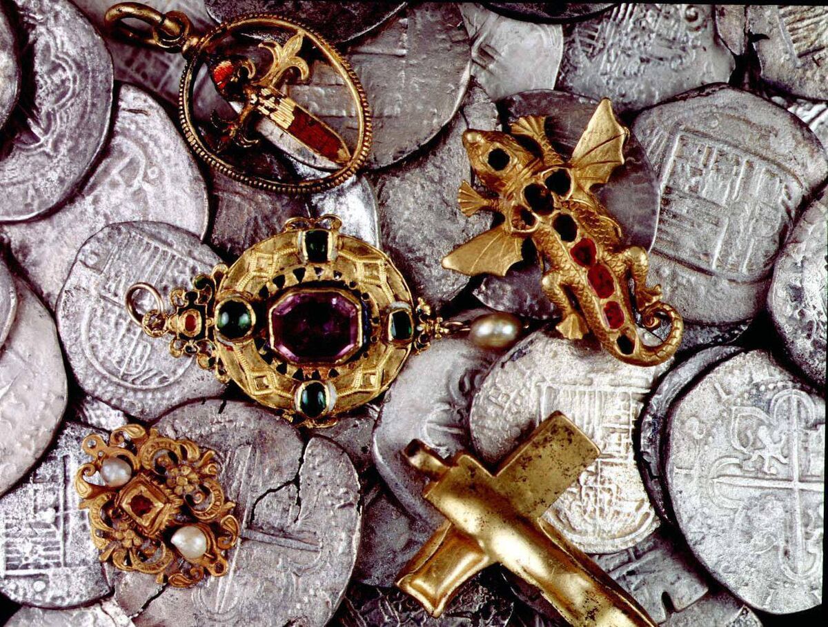 Pieces of eight. Treasure trove from Spanish Armada ship La Girona, including (top right) the 'Girona salamander' Ulster Museum, Belfast Pieces of eight. Treasure trove from Spanish Armada ship La Girona, including (top right) the 'Girona salamander' Ulster Museum, Belfast