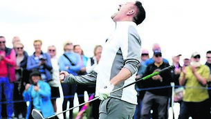 <p>BIG MONEY: Former footballer Robbie Keane celebrates after teeing off on the 1st hole during Pro-Am day of the Horizon Irish Open 2022 at Mount Juliet. Photo: Brian Lawless/PA Wire.</p>