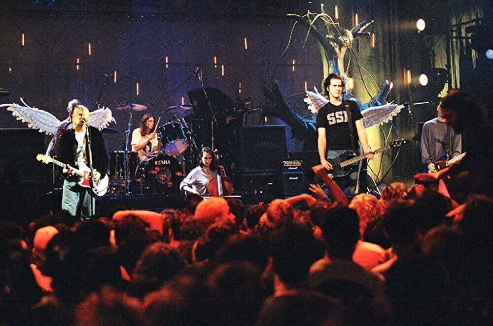 Lori Goldston on stage with Nirvana in 1993