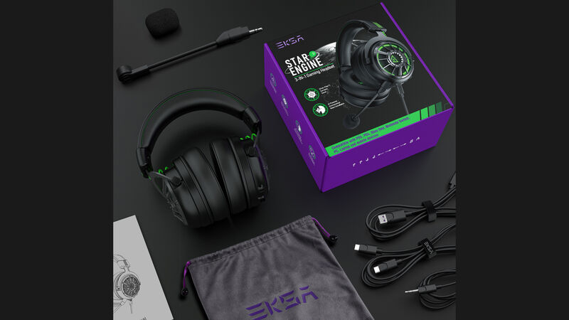 EKSA Star Engine E5000 Pro gaming headphones come with all the necessary cables to connect to most devices. Picture EKSA.