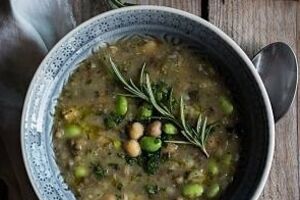 Rory O'Connell's broth with broad bean leaves and mint