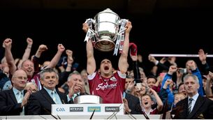 <p>LIFT OFF: Galway captain Fergal Moore lifts the Bob O'Keeffe Cup after defeating Kilkenny in the 2012 Leinster final at Croke Park</p>