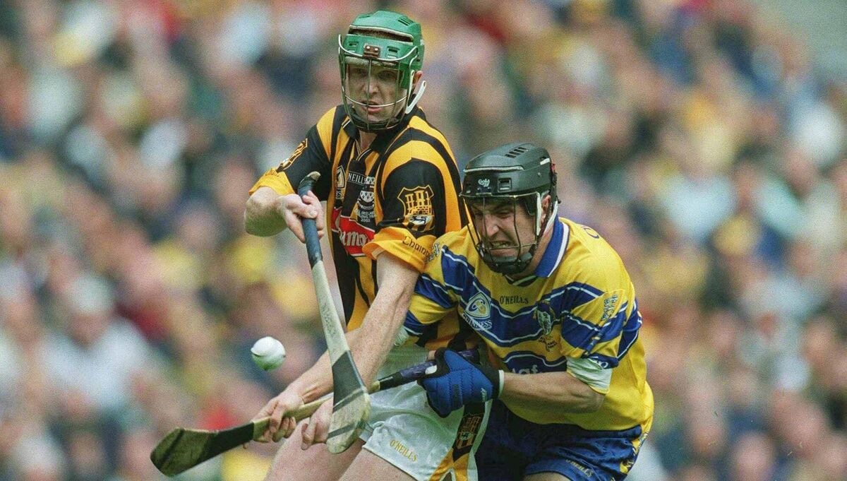 BATTLE: Henry Shefflin of Kilkenny nips in ahead of Gerry Quinn of Clare to score his side's second goal during the 2002 All-Ireland Senior Hurling Championship Final match between Kilkenny and Clare at Croke Park in Dublin. Pic: Damien Eagers/Sportsfile