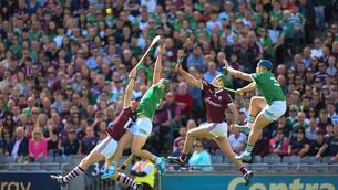 <p class="contextmenu internal_Caption">JUDGEMENT: Limerick’s Sean Finn (left) Mike Casey combine to deny Galway pair, Conor Whelan (left), and Brian Concannon vital possession close to the Limerick goal at Croke Park. </p>