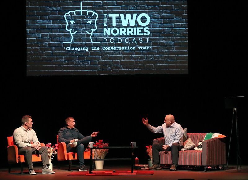 Award-winning podcasters Timmy Long and James Leonard during one of their current series of live theatre shows, at Cork Opera House earlier this year with guest, Pat Falvey. Picture: Jim Coughlan