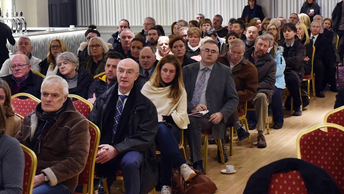 Part of the large attendence at the Midleton traders and residents flood response public meeting at the Midleton Park Hotel in January 2016.