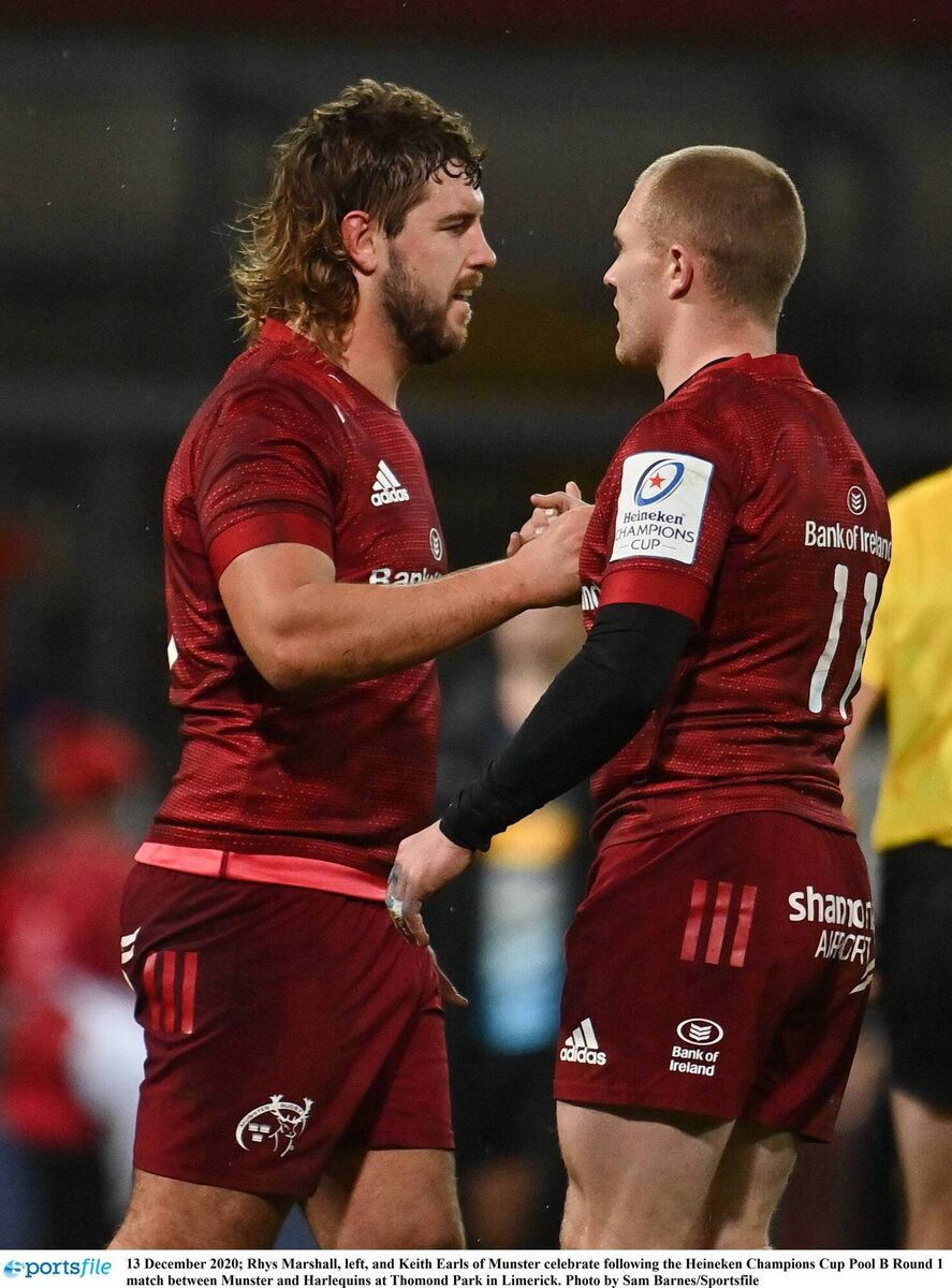 LOVING LIMERICK: Rhys Marshall, left, and Keith Earls of Munster celebrate following the Heineken Champions Cup Pool B Round 1 match between Munster and Harlequins at Thomond Park. Photo: Sam Barnes/Sportsfile LOVING LIMERICK: Rhys Marshall, left, and Keith Earls of Munster celebrate following the Heineken Champions Cup Pool B Round 1 match between Munster and Harlequins at Thomond Park. Photo: Sam Barnes/Sportsfile