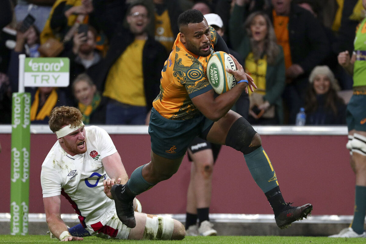 Australia's Samu Kerevi gets past England's Ollie Chessum on his way to scoring a try during their rugby union match. Picture: Tertius Pickard/AP Australia's Samu Kerevi gets past England's Ollie Chessum on his way to scoring a try during their rugby union match. Picture: Tertius Pickard/AP