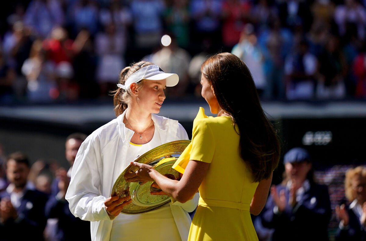 Kate Middleton presents the Venus Rosewater Dish to Elena Rybakina at Wimbleton. Kate Middleton presents the Venus Rosewater Dish to Elena Rybakina at Wimbleton.