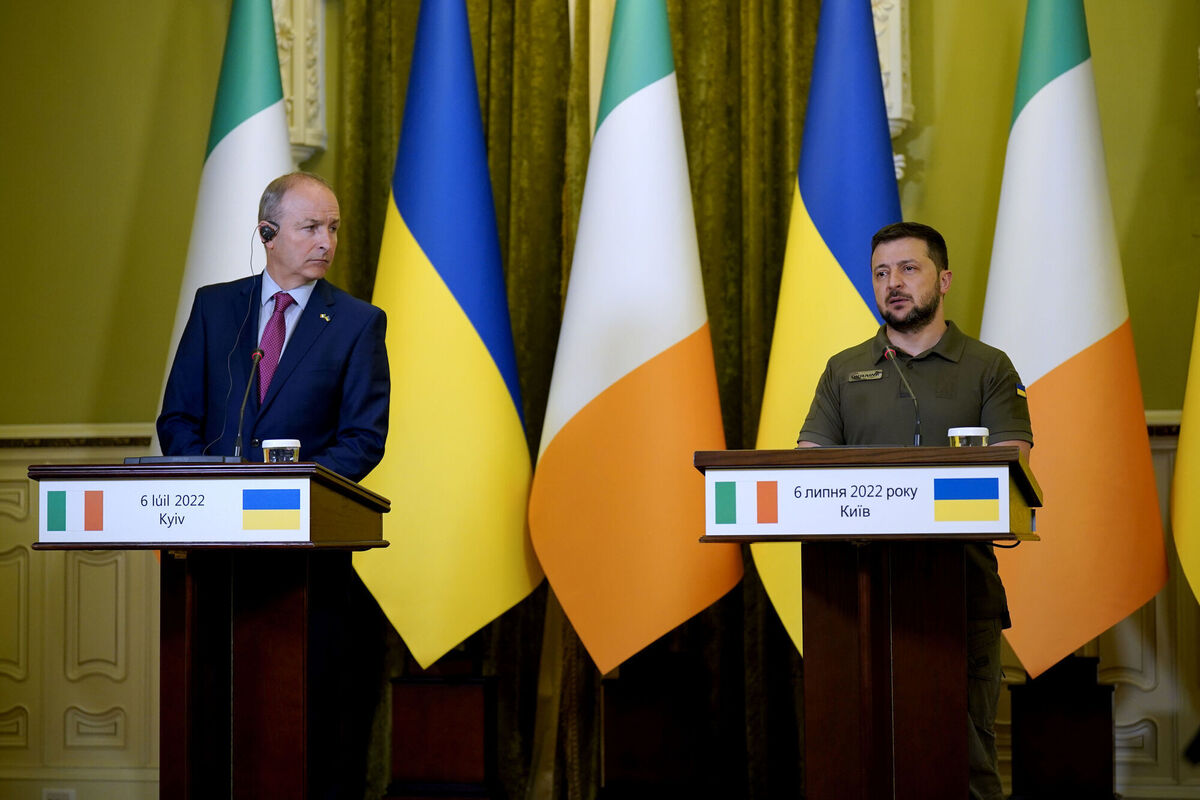 Ukrainian president Volodymyr Zelenskyy and Taoiseach Micheál Martin hold a joint press conference in Kyiv, Ukraine, on July 6. Picture: Niall Carson/PA Ukrainian president Volodymyr Zelenskyy and Taoiseach Micheál Martin hold a joint press conference in Kyiv, Ukraine, on July 6. Picture: Niall Carson/PA