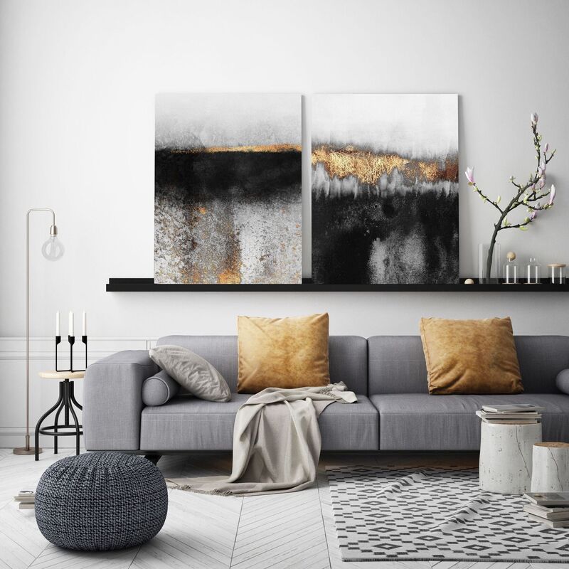 Large art pieces can be placed on a shallow shelf to add height in a room and draw the eye upwards (Soot and Gold industrial metal prints by Elisabeth Fredriksson from €79 at Wallsauce.com). Large art pieces can be placed on a shallow shelf to add height in a room and draw the eye upwards (Soot and Gold industrial metal prints by Elisabeth Fredriksson from €79 at Wallsauce.com).
