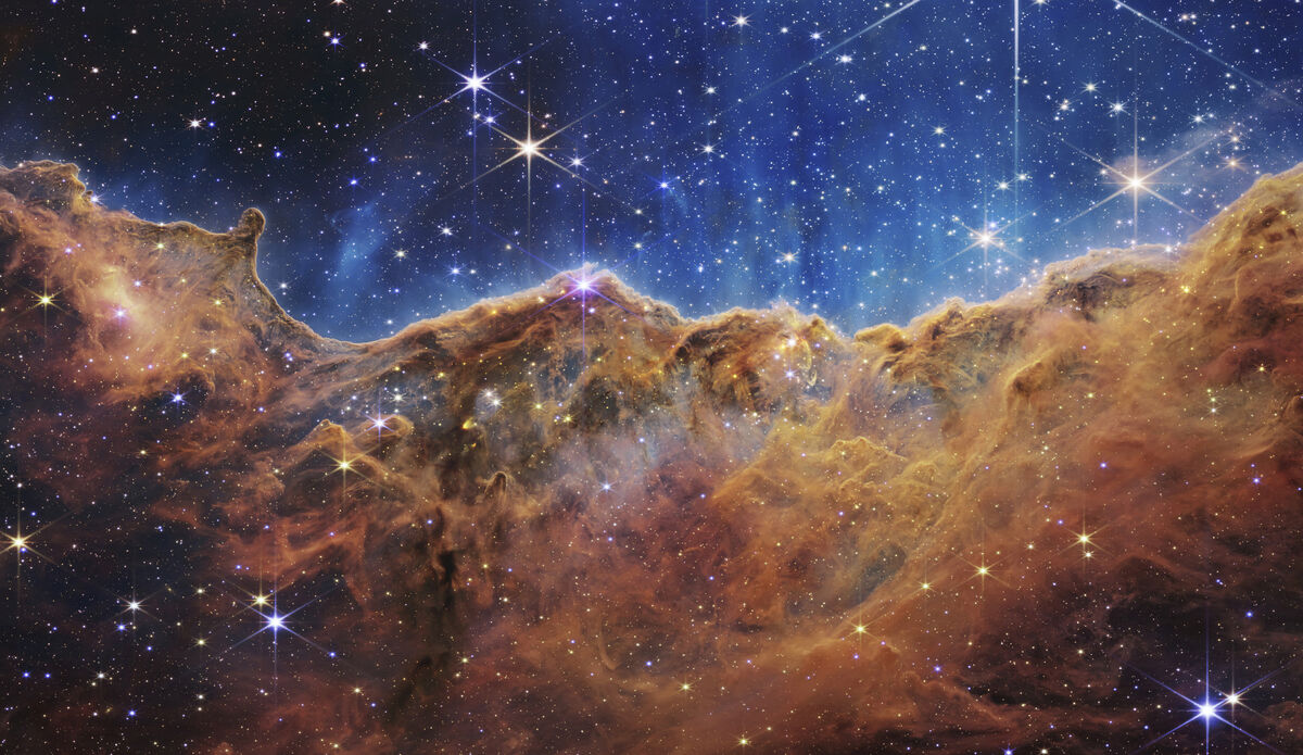 The edge of a nearby, young, star-forming region NGC 3324 in the Carina Nebula captured in infrared light by the Near-Infrared Camera (NIRCam) on the James Webb Space Telescope.  JWST was optimised for seeing in infrared and it is the Irish scientists who worked on this particular aspect. Photo: NASA, ESA, CSA, and STScI