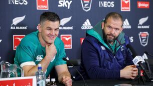 <p>DREAM TEAM: Johnny Sexton and Coach Andy Farrell of Ireland speak to media. (Photo by Hagen Hopkins/Getty Images)</p>