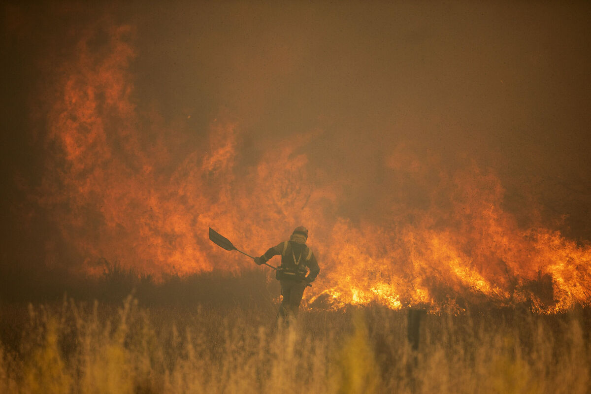 A firefighter works in front of flames during a wildfire in the Sierra de la Culebra in the Zamora Provence over the weekend. Picture: Emilio Fraile/Europa Press via AP