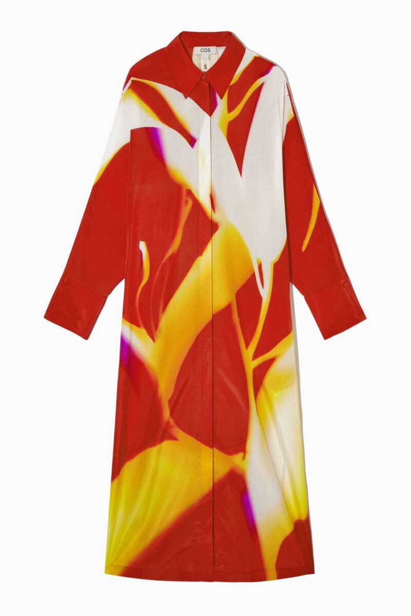 Long-sleeved printed silk-blend maxi dress, COS, €195