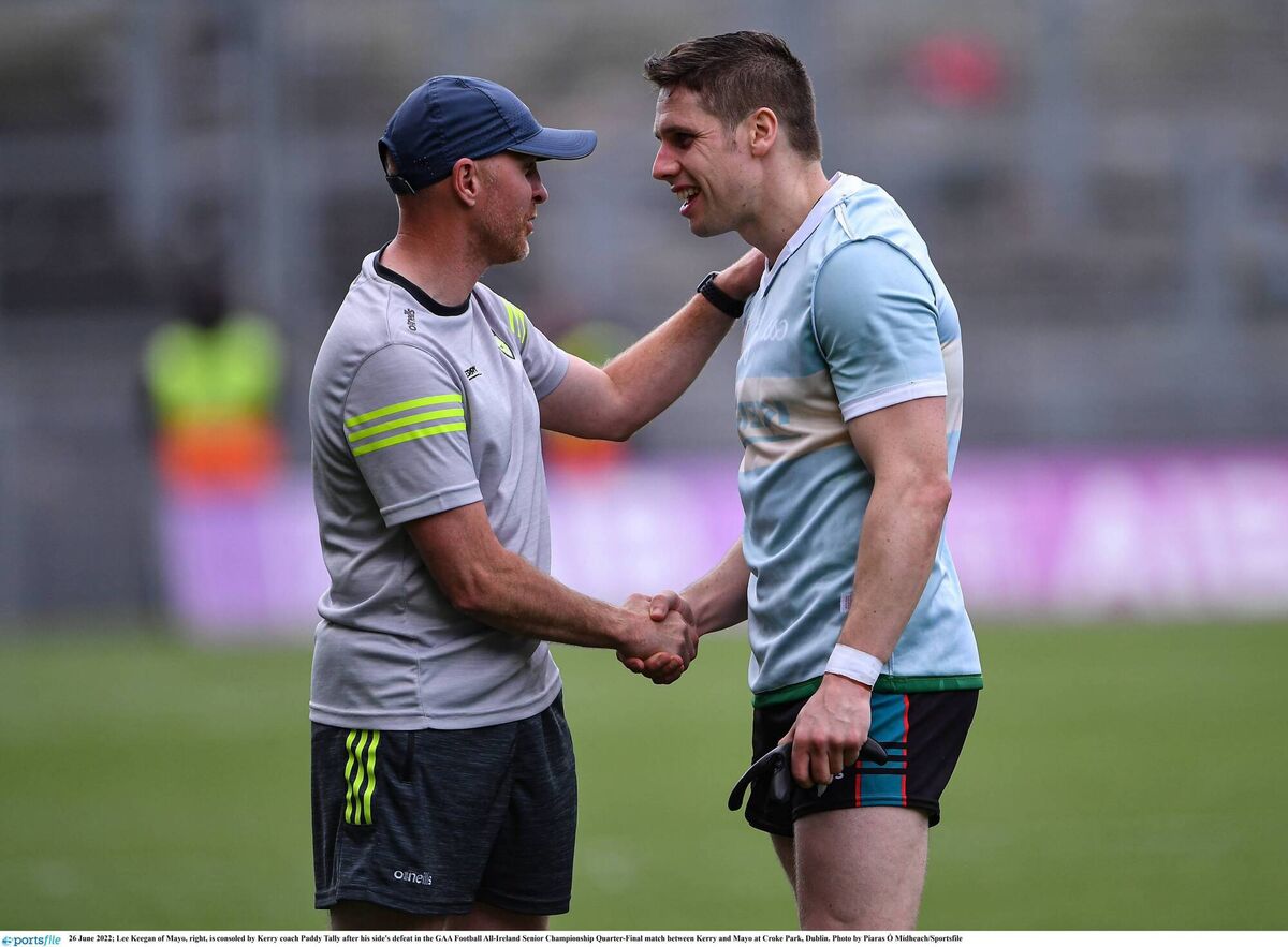Lee Keegan of Mayo, right, is consoled by Kerry coach Paddy Tally after his side's defeat in the GAA Football All-Ireland Senior Championship Quarter-Final match between Kerry and Mayo at Croke Park, Dublin. Photo by Piaras Ó Mídheach/Sportsfile Lee Keegan of Mayo, right, is consoled by Kerry coach Paddy Tally after his side's defeat in the GAA Football All-Ireland Senior Championship Quarter-Final match between Kerry and Mayo at Croke Park, Dublin. Photo by Piaras Ó Mídheach/Sportsfile