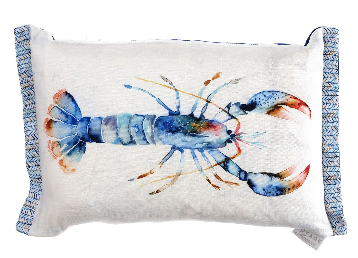 This Lobster cushion in perfect Riviera colours sits on a crisp, classy linen ground, €52.07, annabeljames.co.uk.