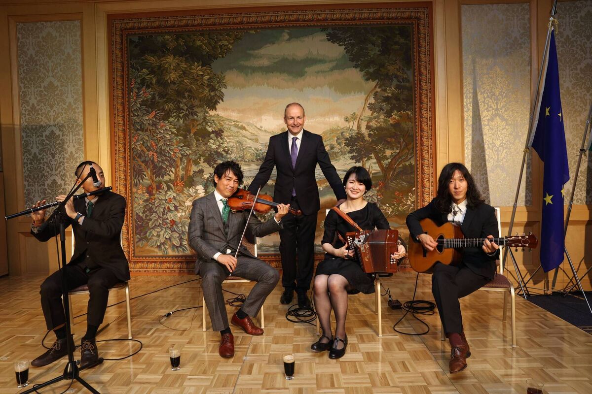 Taoiseach Micheál Martin with Kozo Toyota, Dai Komatsu, Hajime Takahashi, and Honami Kimura of the Toyota Céilí Band in Tokyo. Picture: Department of An Taoiseach