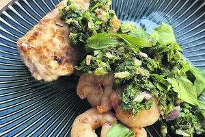 Pan-roasted monkfish and king prawns with salsa verde