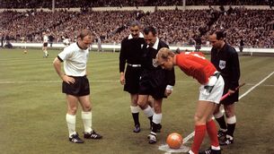 <p>GLORY DAYS: West Germany captain Uwe Seeler and England skipper Bobby Moore before kick off in the 1966 World Cup final at Wembley. </p>