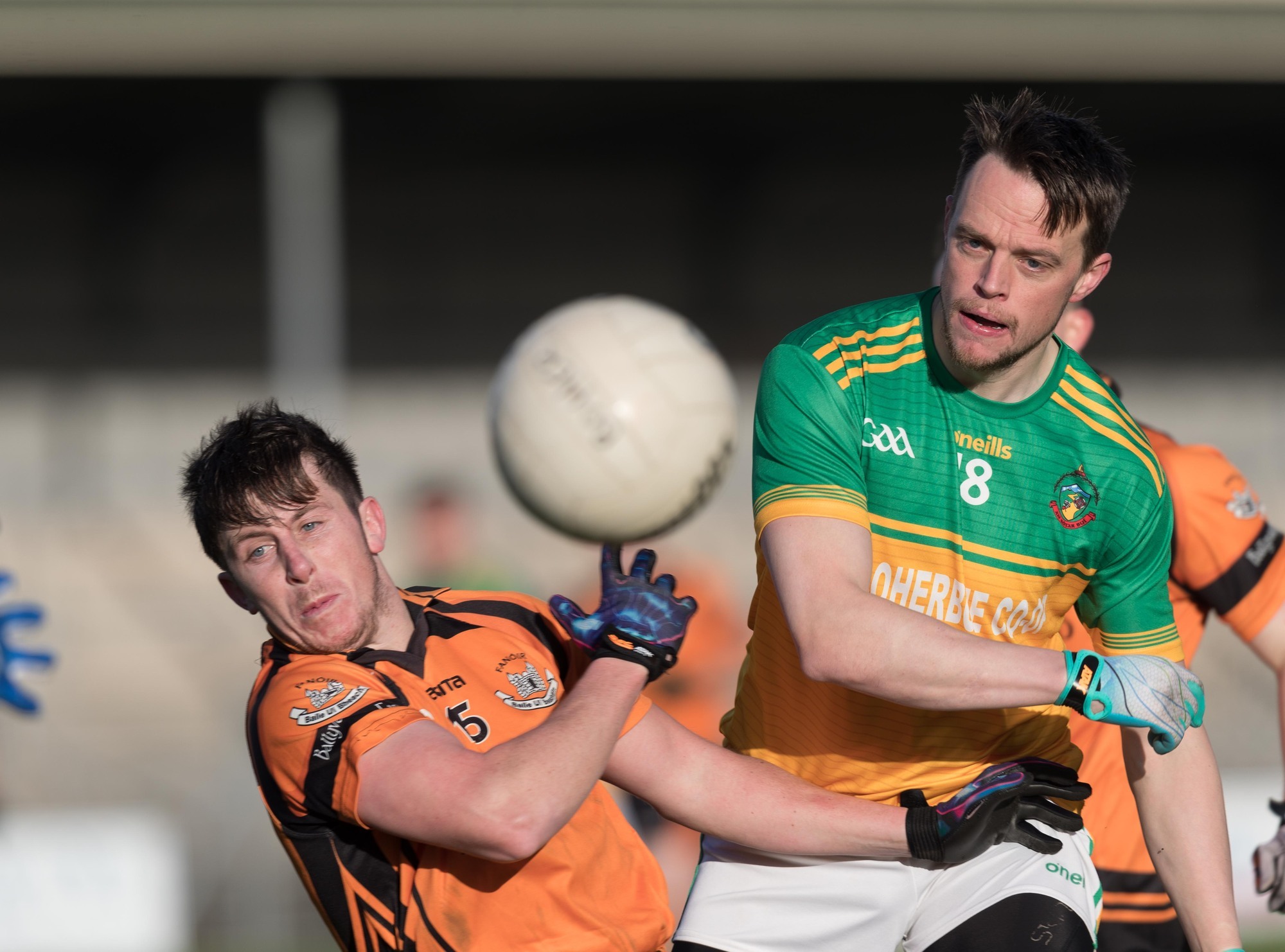 STEP-UP:Boherbue's Michael Murphy and Ballyvaughan's Ian Queally in action during the AIB Munster Football Championship match at Cusack Park. Pic: Eamon Ward
