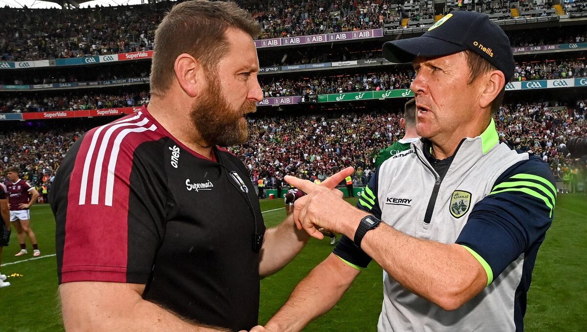 Kerry manager Jack O'Connor and Galway coach Cian O'Neill after the GAA Football All-Ireland Senior Championship Final match between Kerry and Galway at Croke Park in Dublin. Photo by Ramsey Cardy/Sportsfile