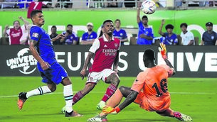 <p class="contextmenu internal_Caption">Arsenal’s Gabriel Jesus flicks the ball past Chelsea goalkeeper Edouard Mendy and defender Thiago Silva to score in the first half of the Florida Cup friendly match on Saturday night. Chelsea boss Thomas Tuchel admits his side are behind in preparations for the new season. <span class="contextmenu emphasis CaptionCredit">Picture: AP/John Raoux</span>
            </p>