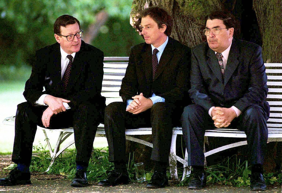 Waiting for the verdict of the referendum, David Trimble, Tony Blair and John Hume after breakfast this morning at a hotel in County Antrim. Waiting for the verdict of the referendum, David Trimble, Tony Blair and John Hume after breakfast this morning at a hotel in County Antrim.