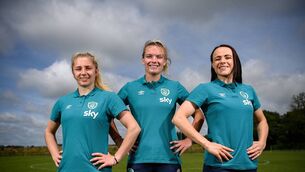 <p>Ireland stars Ellen Molloy, Saoirse Noonan, and Áine O’Gorman in Abbotstown as Sky announced the five recipients of the first WNT Bursary Fund: Éabha O’Mahony, O’Gorman, Noonan, Molloy, and Grace Moloney. The funding will help further develop their careers and education off the pitch and reinforces Sky’s commitment to developing the women’s game. Pic: Stephen McCarthy/Sportsfile</p>