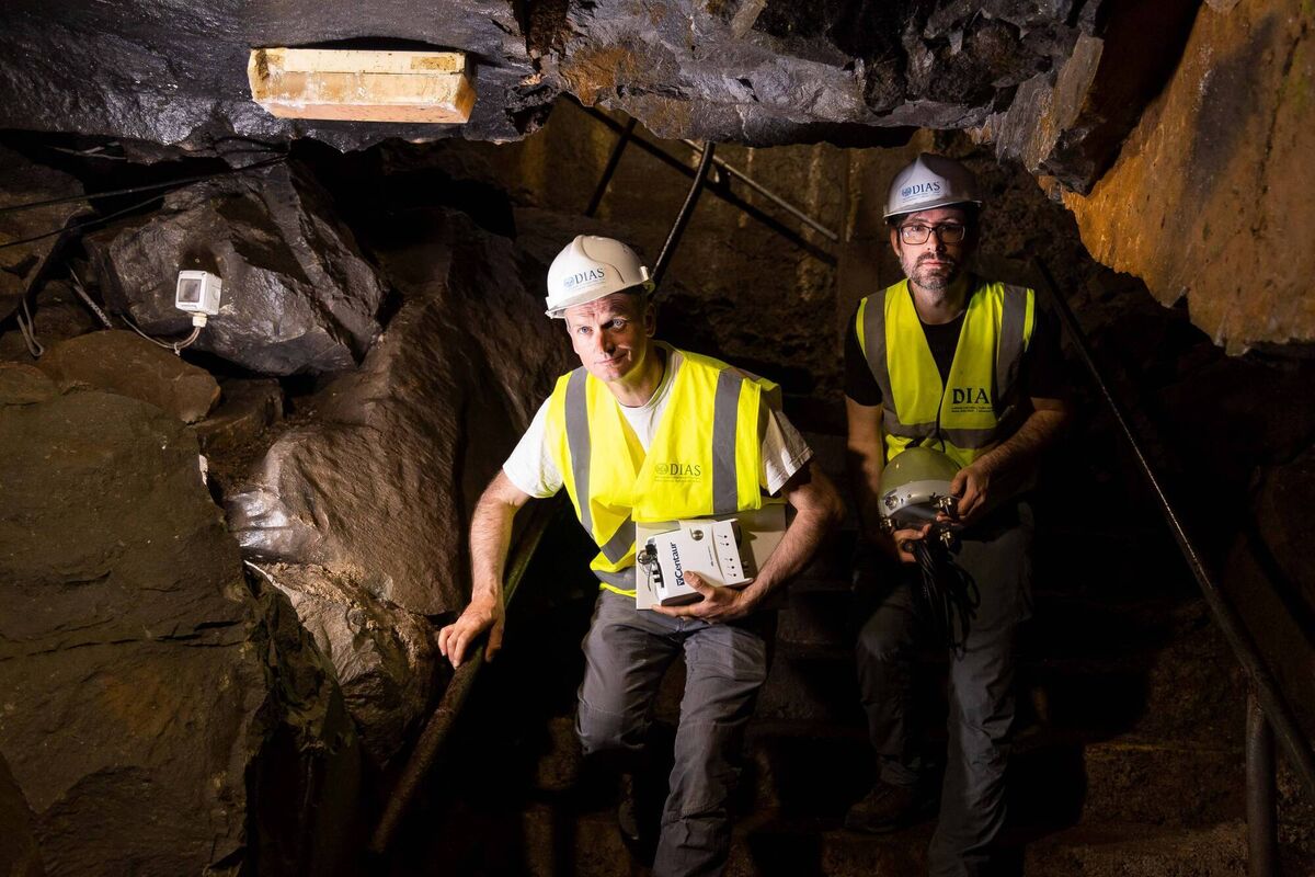 Dr David Craig (left), technical officer for the Irish National Seismic Network and James Grannell (right), data analyst for the Irish National Seismic Network, at the newly installed seismic station in Mitchelstown Cave. The location protects it from seismic noise sources such as wind, rain and heavy road traffic. Picture: Michael O'Sullivan