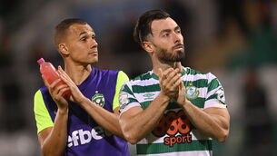 <p>FIGHTBACK: Richie Towell, right, and Graham Burke of Shamrock Rovers after the UEFA Champions League 2022-23 Second Qualifying Round Second Leg match between Shamrock Rovers and Ludogorets at Tallaght Stadium in Dublin. Photo by Ramsey Cardy/Sportsfile</p>